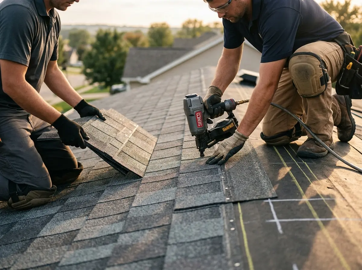 Professional roofer working on a residential roof in Mobile